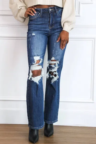 Risen Berkley Distressed High Rise Straight Jeans In Dark Wash In Blue