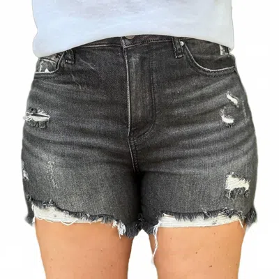 Risen Billy High Waisted Distressed Denim Shorts In Black Wash In Gray