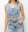 Risen Button Down Crop Denim Vest In Light Blue In Blue