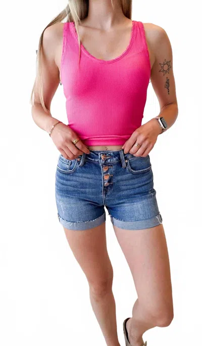 Risen Button Fly Cuff Shorts In Dark Denim In Red