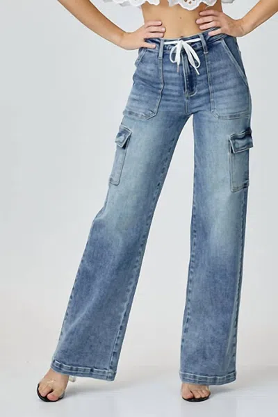 Risen Cargo Wide Straight Leg Jeans In Washed Blue