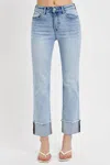 Risen High Rise Cuffed Straight Jeans In Denim Light Wash In Blue