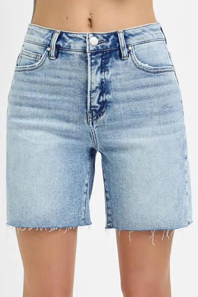 Risen Curvy Tummy Control High Rise Mid Length Raw Cut Hem Shorts In Blue