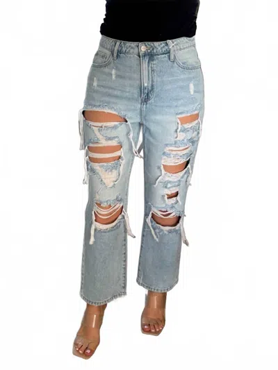 Risen Dahlia Destroyed Crop Straight Leg Jean In Light Wash In Blue