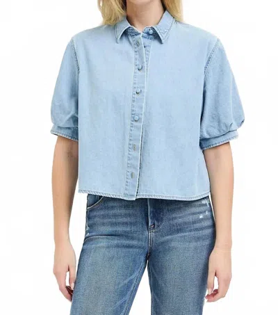Risen Denim Puff Top In Blue In Multi