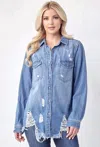Risen Distressed Denim Button Up In Blue In Blue