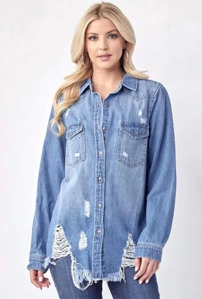 Risen Distressed Denim Button Up In Blue