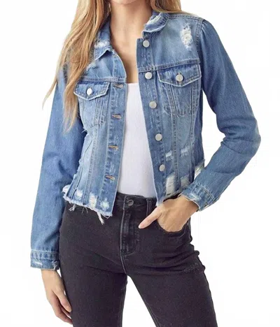 Risen Distressed Denim Jacket In Medium Wash In Blue