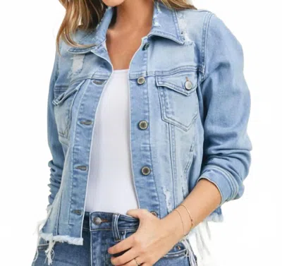 Risen Distressed Vintage Frayed Hem Jacket In Light Blue
