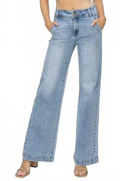 Risen Double Button Wide-leg Western Jeans In Blue