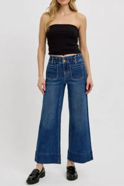 Risen Elastic Band Crop Wide Ruffle Band Jeans In Blue