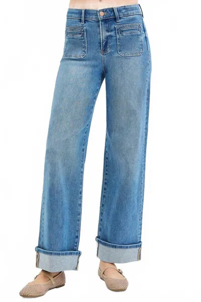 Risen Elastic Band Mid Rise Front Patch Pocket Jeans In Med Wash In Blue