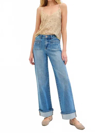 Risen Elastic Band Mid Rise Wide Leg Front Patch Pocket With Cuffed Jeans In Medium Wash In Blue