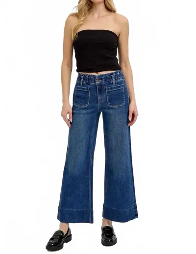 Risen Elastic Band Wide Leg Jeans In Dark In Blue