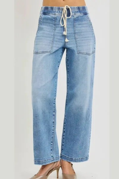Risen Elastic Slouchy Cropped Baggy Patch Pockets Jeans In Blue