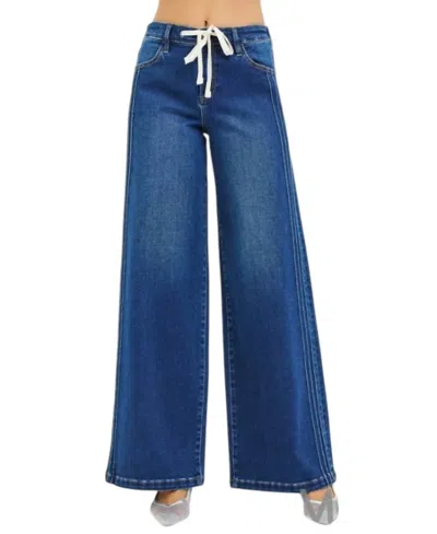 Risen Elastic Waist Band Mid-rise Pintuck Jean In Dark Wash In Blue