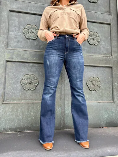 Risen Farnsworth High Rise Vintage Frayed Hem Flare Jeans In Blue