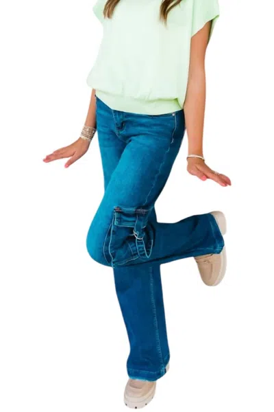 Risen Felicia Cargo Pocket Wide Leg Jeans In Dark Wash In Blue