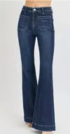 Risen Tummy Control High Rise Flare Jeans In Dark Wash In Blue