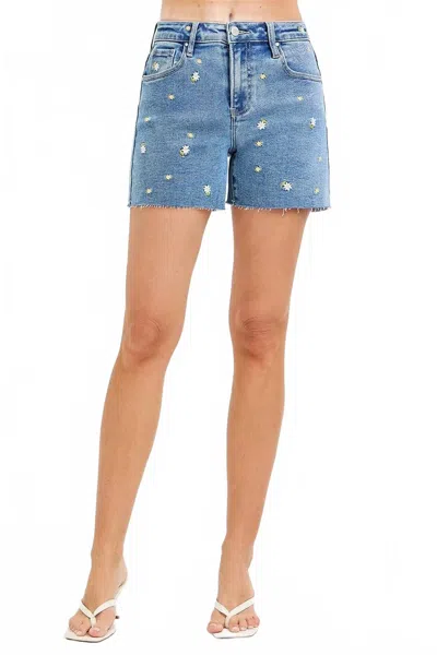 Risen Floral Embroidered Denim Shorts In Medium Blue