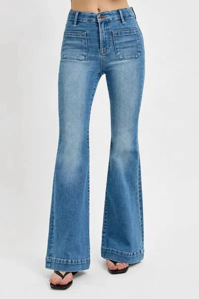 Risen Frankie Front Pocket High Rise Flare Jeans In Blue Denim