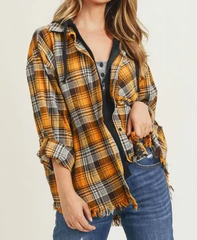 Risen Frayed Hem Oversized Flannel With Hoodie In Yellow In Multi