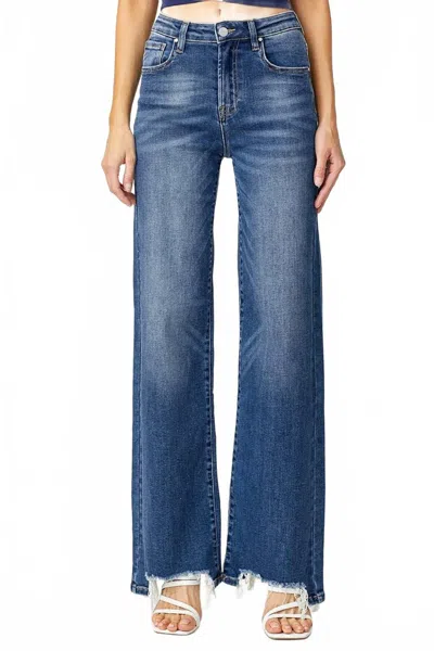 Risen Frayed Hem Wide Leg Jeans In Dark In Blue