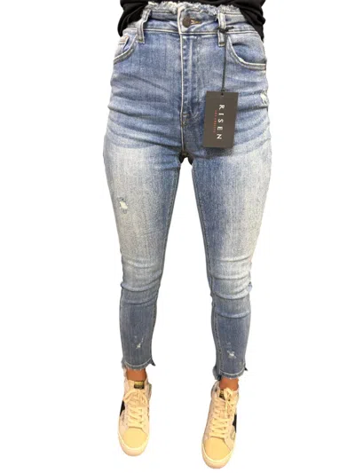 Risen Frayed Waist Skinny Jeans In Medium Wash In Multi