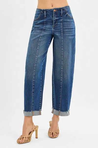 Risen Front Seam Detail High Rise Barrel Jeans In Indigo In Multi