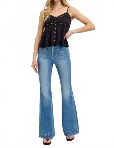 Risen Full Size Front Patch Pocket Flare Jeans Plus Size In Medium In Blue