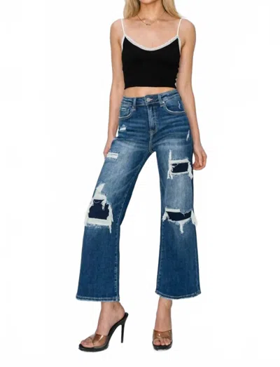 Risen Full Size High Rise Patch Detailed Wide Leg Crop Jeans In Medium In Blue