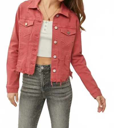 Risen Full Size Raw Hem Button Up Cropped Denim Jacket Plus Size In Brick In Red