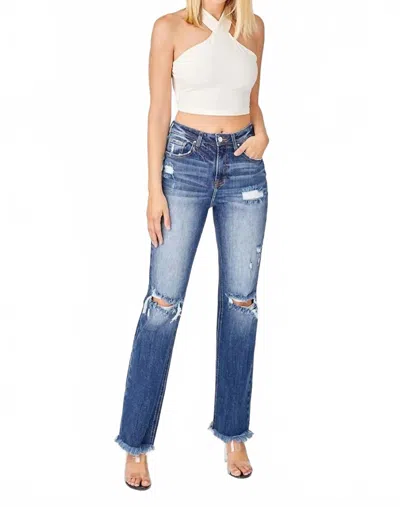 Risen Full Size Raw Hem Distressed Straight Jeans In Deep Blue