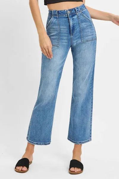 Risen High Rise Ankle Flare Patch Pocket Jeans In Blue