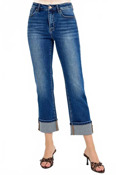 Risen High-rise Ankle Straight Cuffed Jeans In Blue