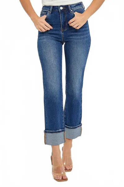 Risen High Rise Ankle Straight Cuffed Jeans In Dark Denim In Blue