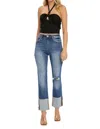 Risen High Rise Ankle Wide Button Down Front Patch Pocket Cuff Jean In Denim In Blue