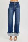 Risen High Rise Ankle Wide Button Down Front Patch Pocket Cuff Jean In Denim
