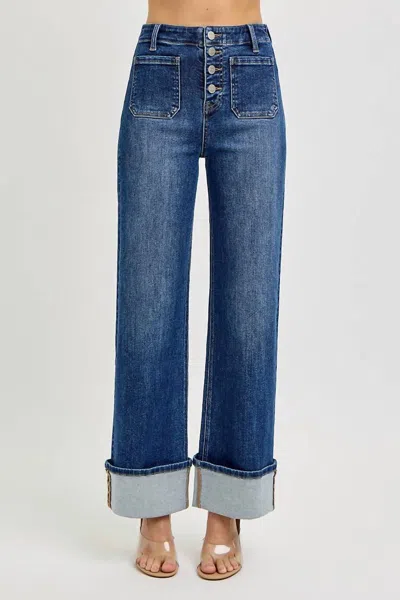 Risen High Rise Ankle Wide Button Down Front Patch Pocket Cuff Jean In Denim