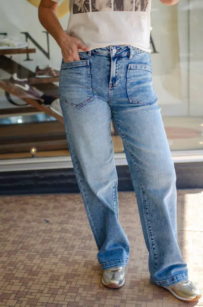 Risen High Rise Ankle Wide-cuffed Jeans In Medium In Blue