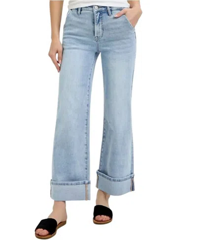 Risen High Rise Ankle Wide Leg Cuff Jeans In Light Wash In Blue