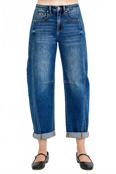 Risen High Rise Boyfriend Cuffed Barrel Jeans In Medium Wash In Blue