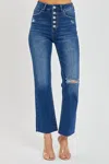Risen High Rise Button Down Ankle Straight Jeans In Dark In Blue