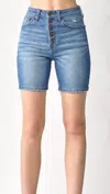 Risen High Rise Button Fly Mid-thigh Shorts In Blue In Blue