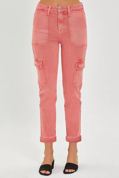 Risen High Rise Cargo Straight Jean In Peach Blossom In Pink