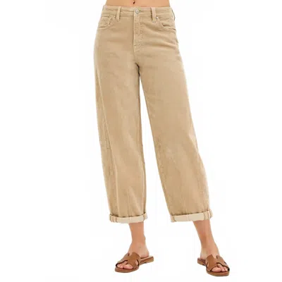 Risen High Rise Crop Barrel Corduroy Pants In Tan In Brown