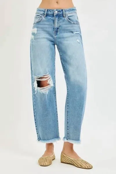 Risen High Rise Crop Barrel Distressed Jeans In Light Wash In Blue