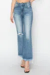 Risen High Rise Crop Bootcut Fray Jeans In Medium Wash In Multi