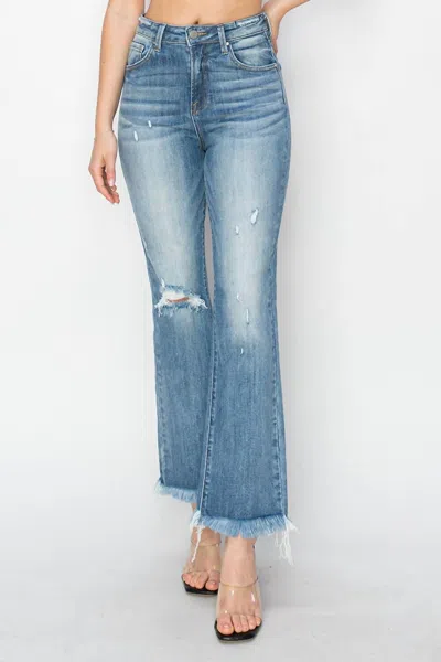 Risen High Rise Crop Bootcut Fray Jeans In Medium Wash In Multi