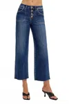 Risen High Rise Crop Wide Button Up Jeans In Dark Wash In Blue